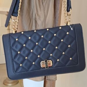 Badgley Mischka Navy Quilted Shoulder Crossbody Bag Gold Accents Hardware